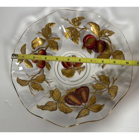 Vintage Glass Intaglio Plate Dish Goofus Glass Ruffled Gold Rim Red Fruit 10.5" - Picture 6 of 16